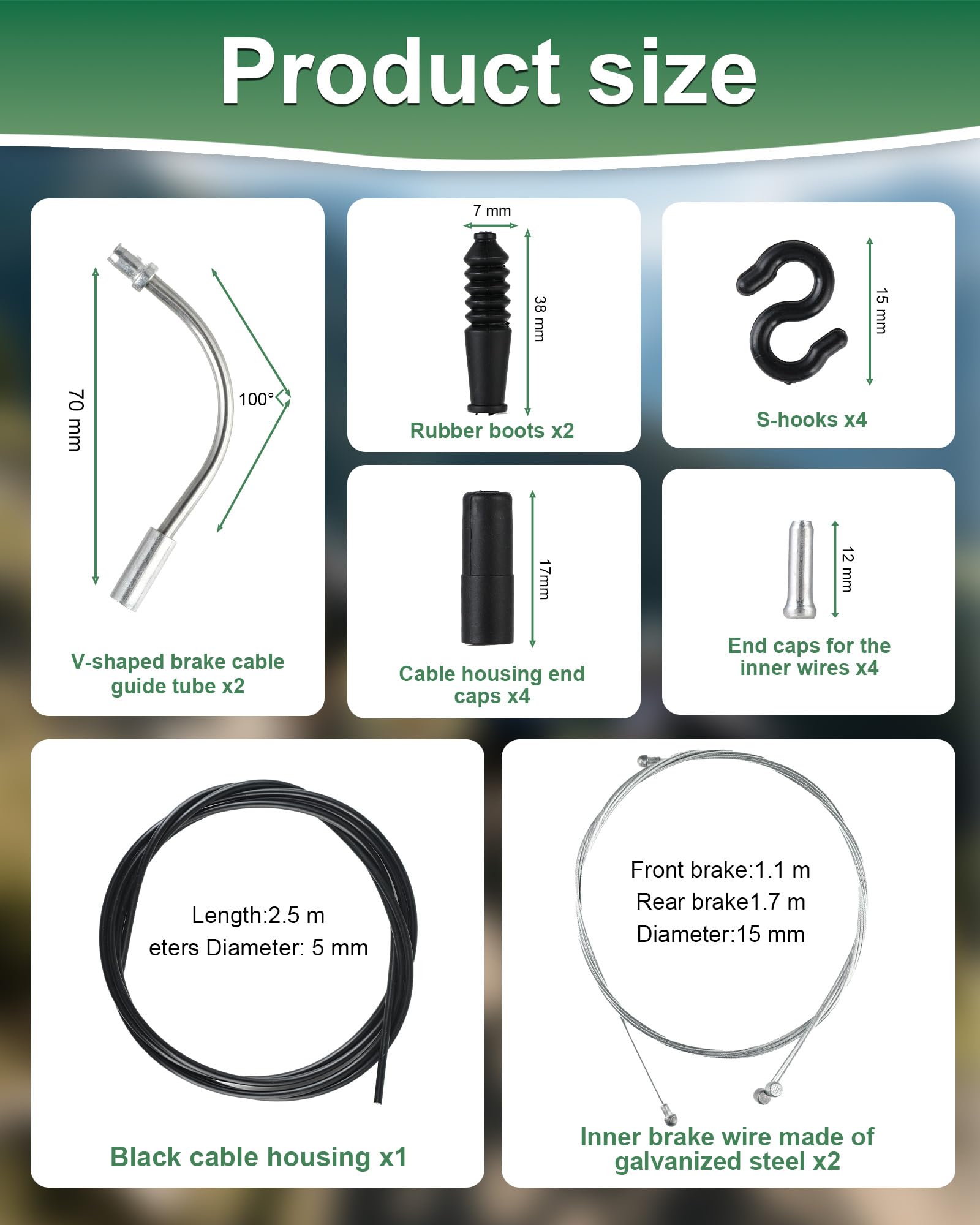 Set cable de freno bicicleta – cable de freno de bicicleta y cable de freno de mano completo con cable de mando bicicleta, cables delanteros y traseros, terminales, casquillos en V y ganchos en S — view 2