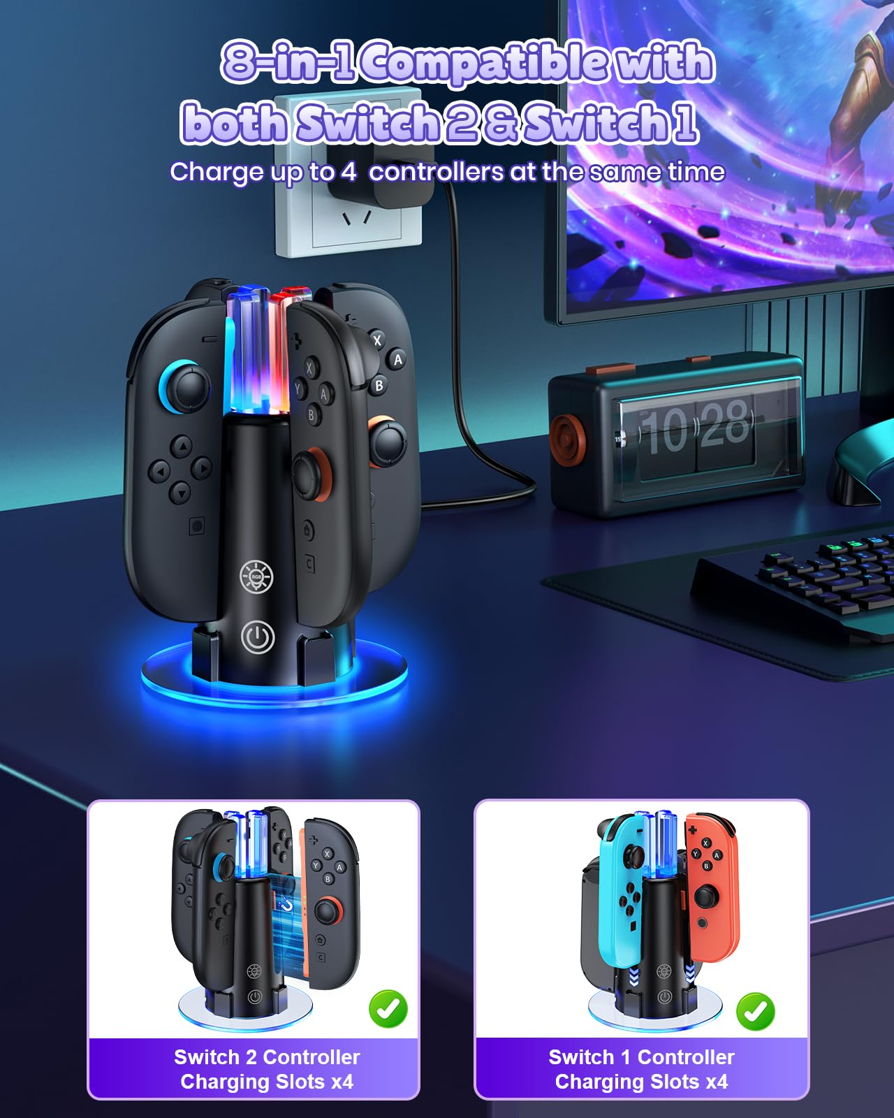 RVB Station de Charge 4-en-1 pour Switch 2/1/OLED pour Joycon 2/1 | FYOUNG Chargeur Dock Compact avec LED RVB & Indicateurs de Charge, Support de Recharge pour Joycon 2 & 1