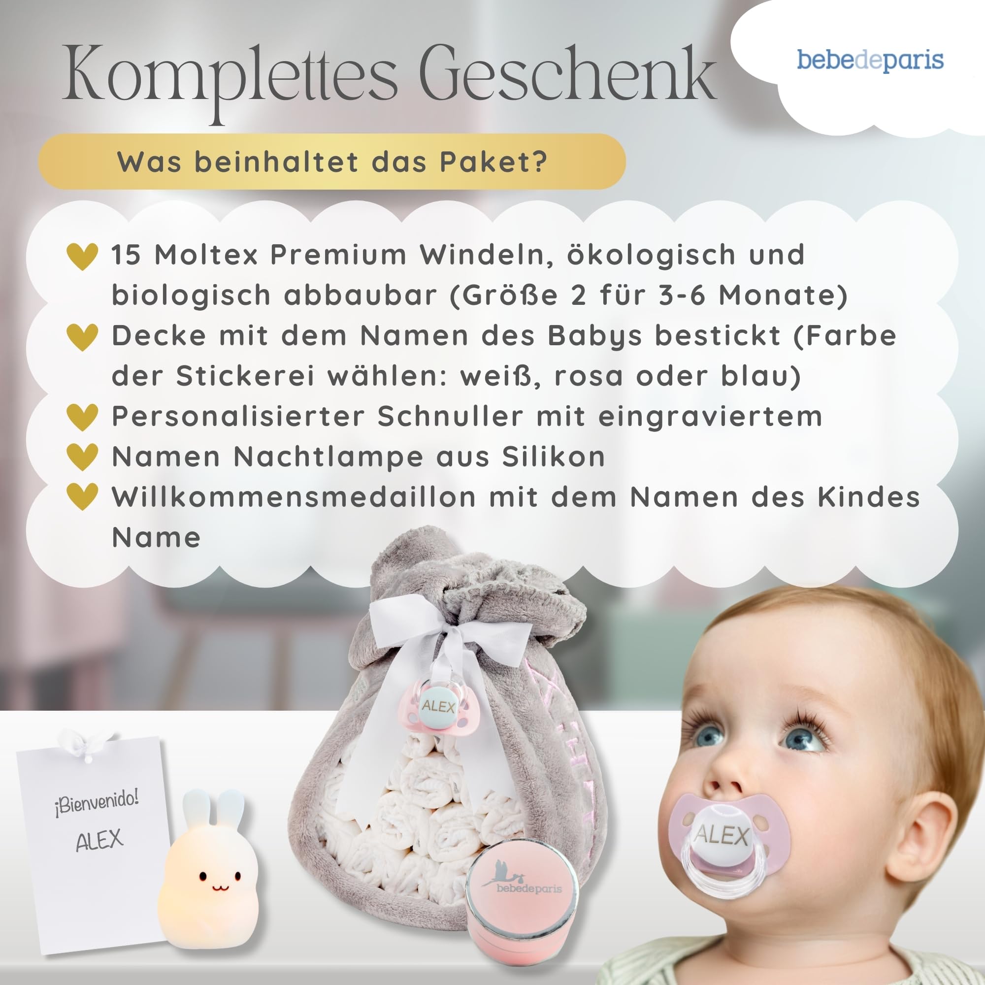 Windeltorte mit Nachtlicht für Babys | Personalisierte Fleecedecke + Schnuller + 15 Moltex Windeln | Geschenk zur Geburt Baby Shower Neugeborenes (Rosa) | BebeDeParis