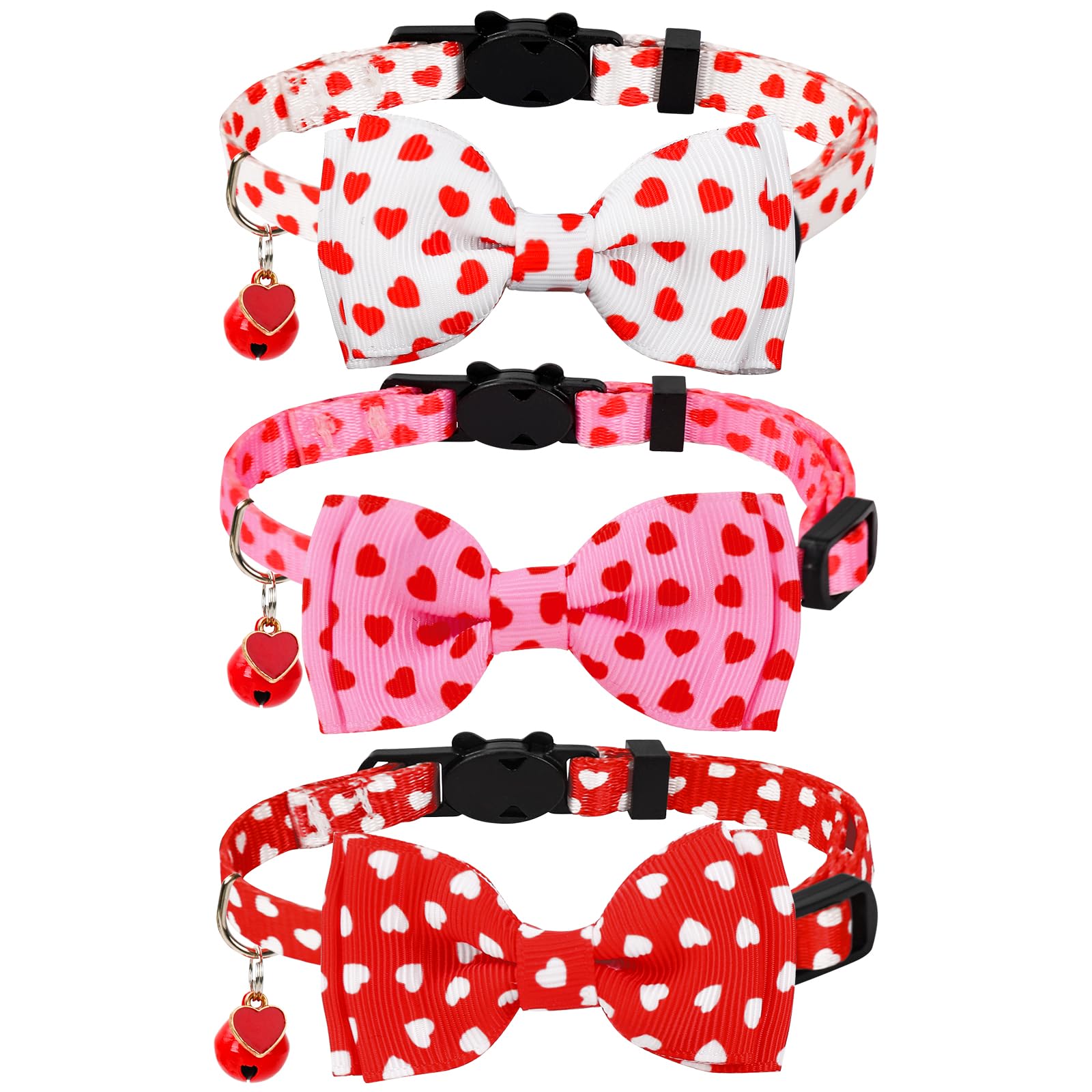 JarThenaAMCS 3 collares de gato para el día de San Valentín, collar de corazón con pajarita con campana separable, collar ajustable para gatito para niña, niño, gato, mascota pequeña