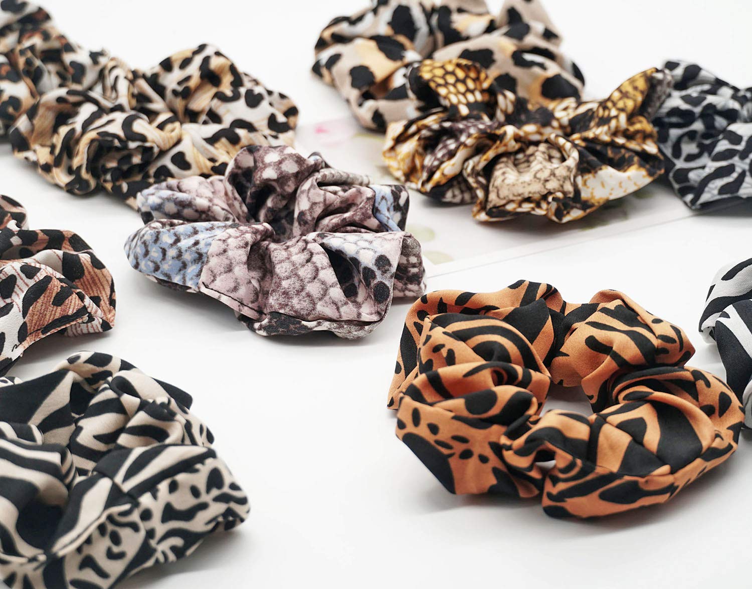 12 Pcs Hair Scrunchies Animal Print Set Leopard Cheetah Zebra Snake Fashion 12pc Animal Print Scrunchie Ribbon Hair Tie -12SRT-AP main image 2