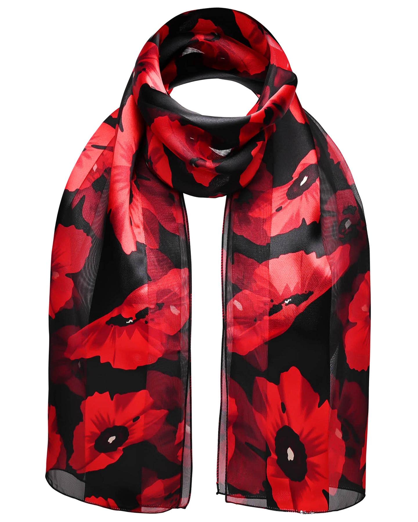 Basic Sense Poppy Scarf for Women UK Satin Print Remembrance Shawl, Black