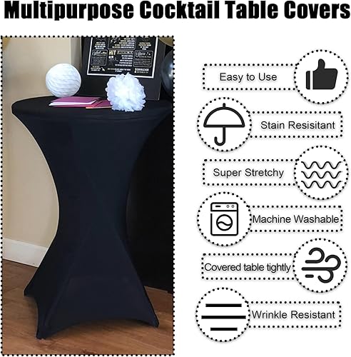 Miniatura 2 de SUNTQ Fundas para mesa de cóctel de 32 x 43 pulgadas, mantel de cóctel ajustable de elastano negro, mantel redondo elástico para fiestas,