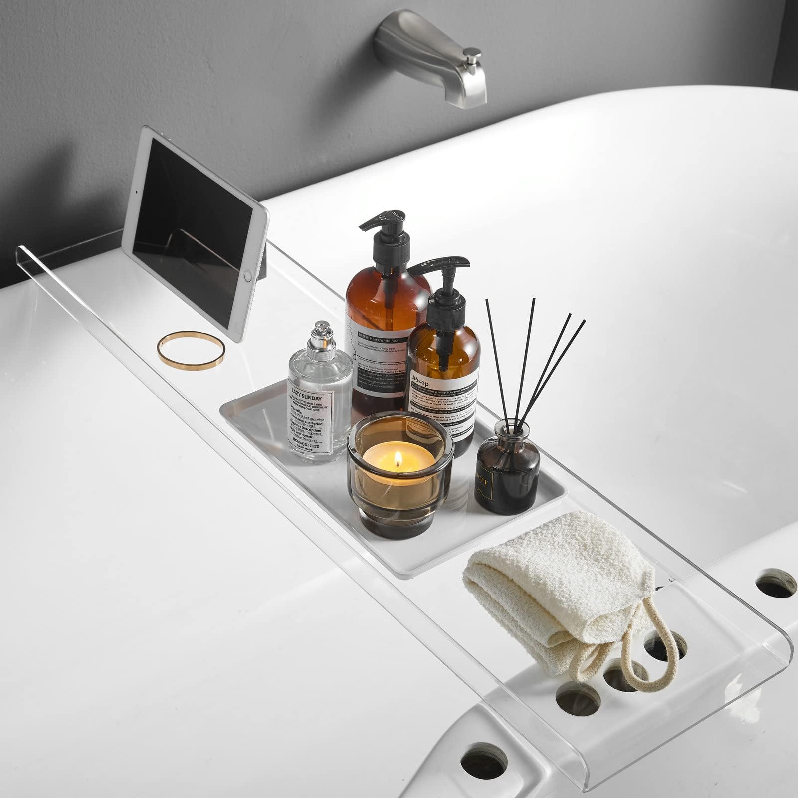 SHUNLI Clear Bathtub Caddy Tray, Bath Tub Tray Shelf Table