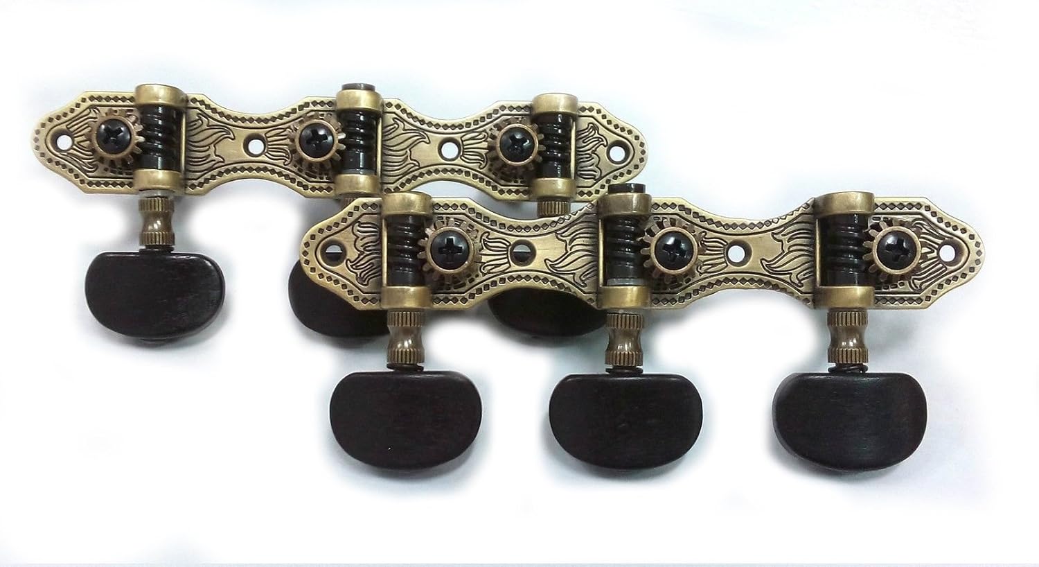 Generic Classical Guitar Machine Head 1right and 1left, Antique Brass Color Plated Surface, Black Post with Ebony Button