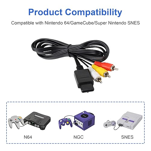 Miniatura 2 de Cable AV N64, cable de audio y video compatible con juegos de TV Nintendo 64N64GamecubeNGCSNES, compuesto de 1.8 M6 pies, 3 RCA chapado en oro