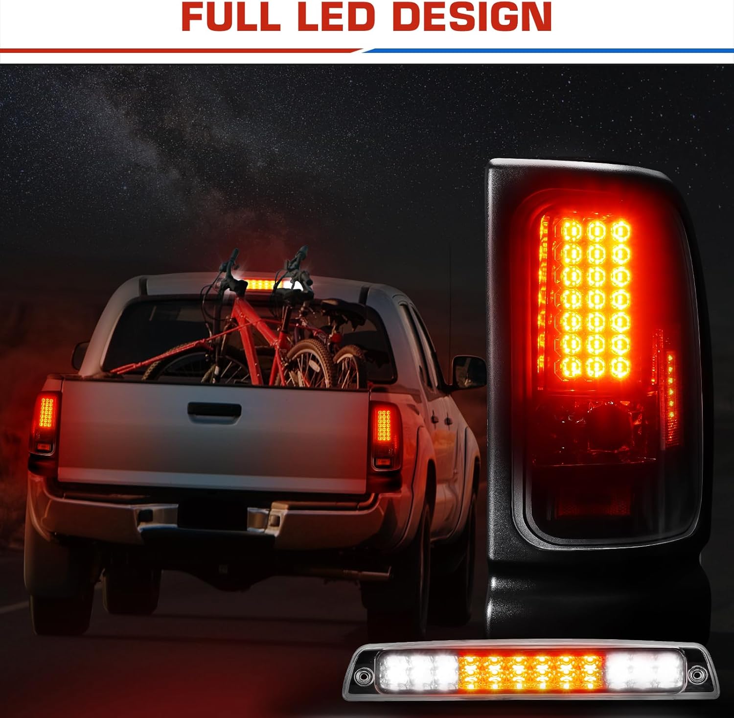 3PCs Led Tail Lights Assembly, Tail Lights Pair+3rd Brake Lamp Fit for 1994-2001 Ram 1500, 1994-2002 Ram 2500 3500, Clear Lens, Only Fit Factory Incandescent Models