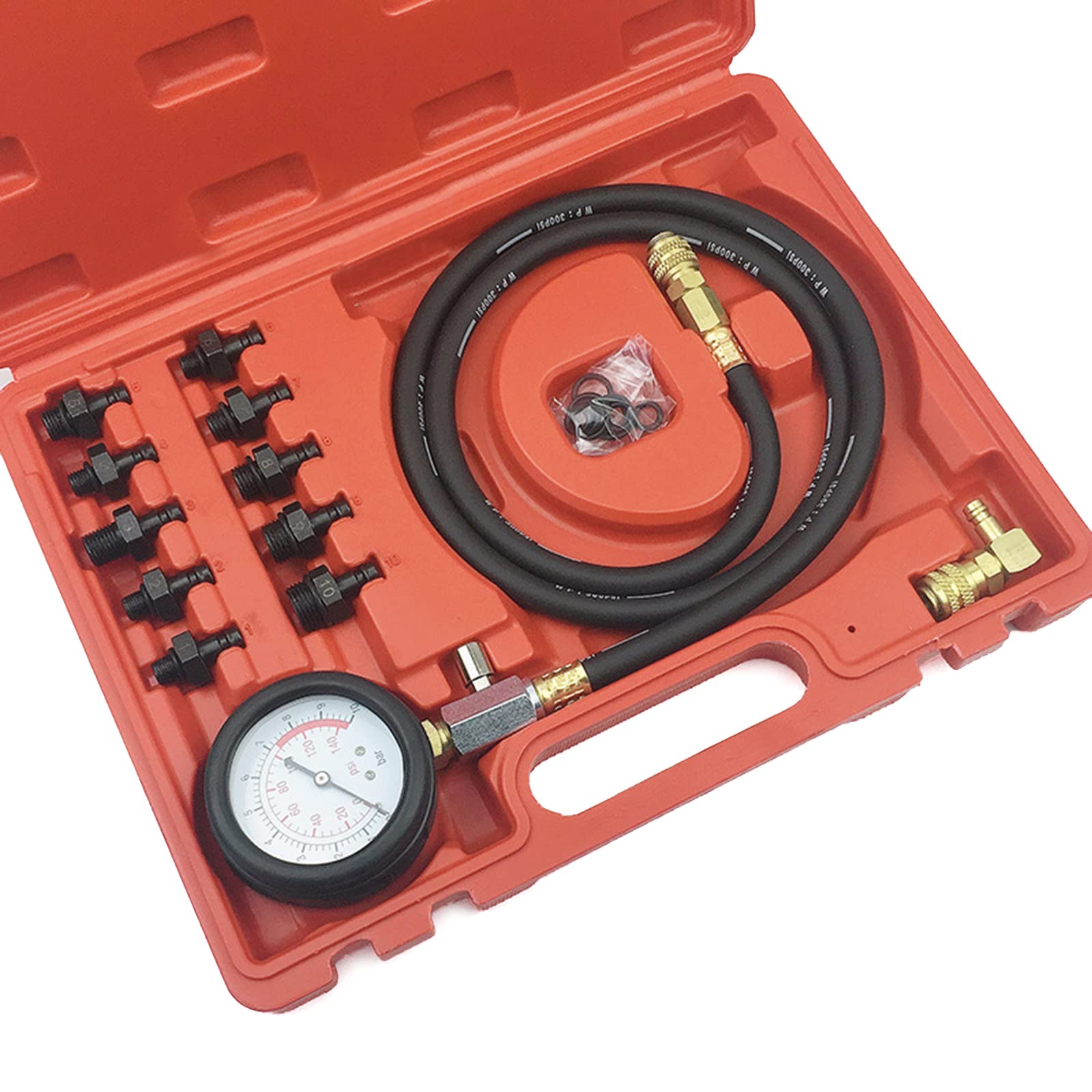 Medidor de presión de aceite con adaptadores y caja de almacenamiento, prueba mecánica de compresión del motor 0-140