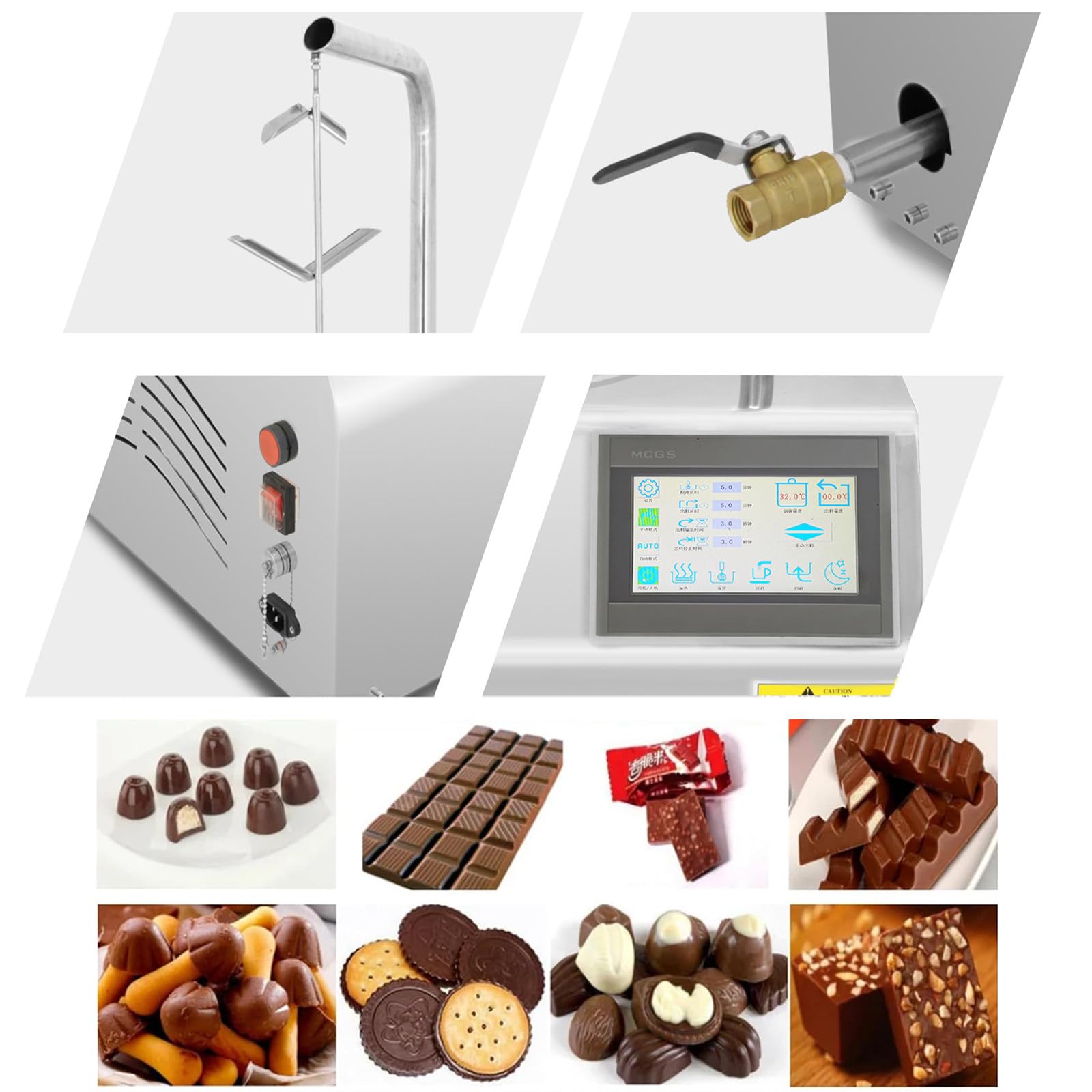 Machine de trempe de chocolat commerciale avec distributeur automatique et table vibrante, fondeur en acier inoxydable pour la production de barres de chocolat