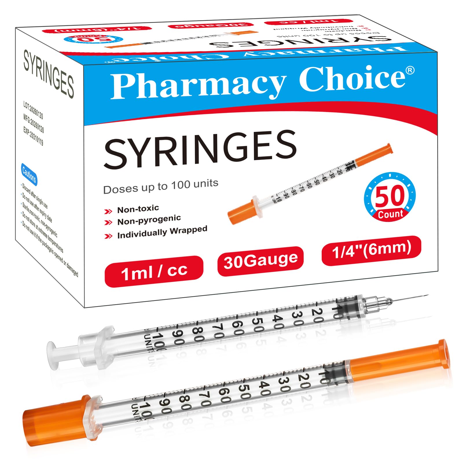 1ml 30 Gauge 1/4 Inch 6 mm Syringe, Individually Packed , 50PACK