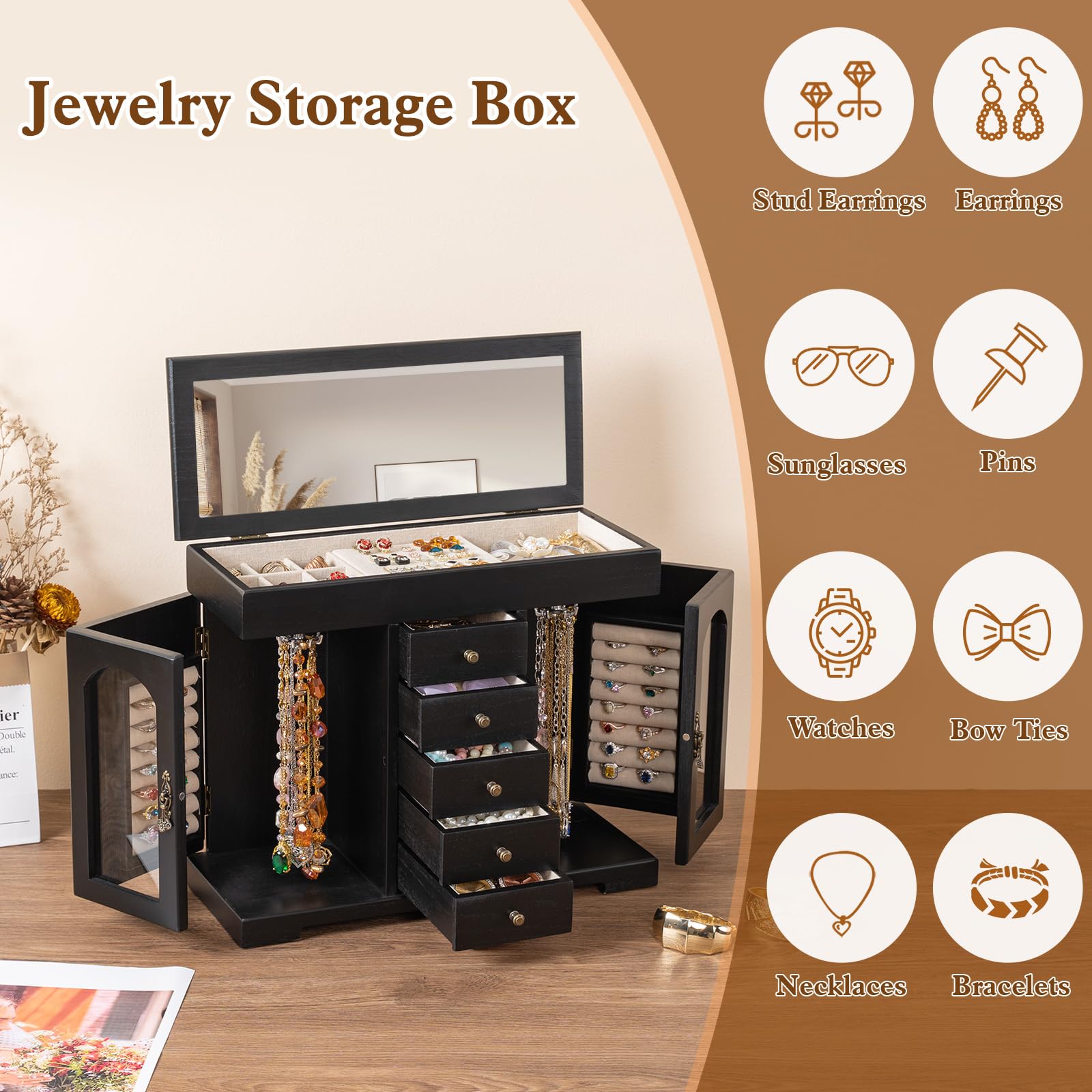 Schmuckkästchen, Rustikales Holz Groß Schmuckkasten Organizers mit Spiegel, Schmuckaufbewahrung, 6 Ebenen Schmuckbox für Ringe, Ohrringe, Halsketten, Armbänder (Schwarz)