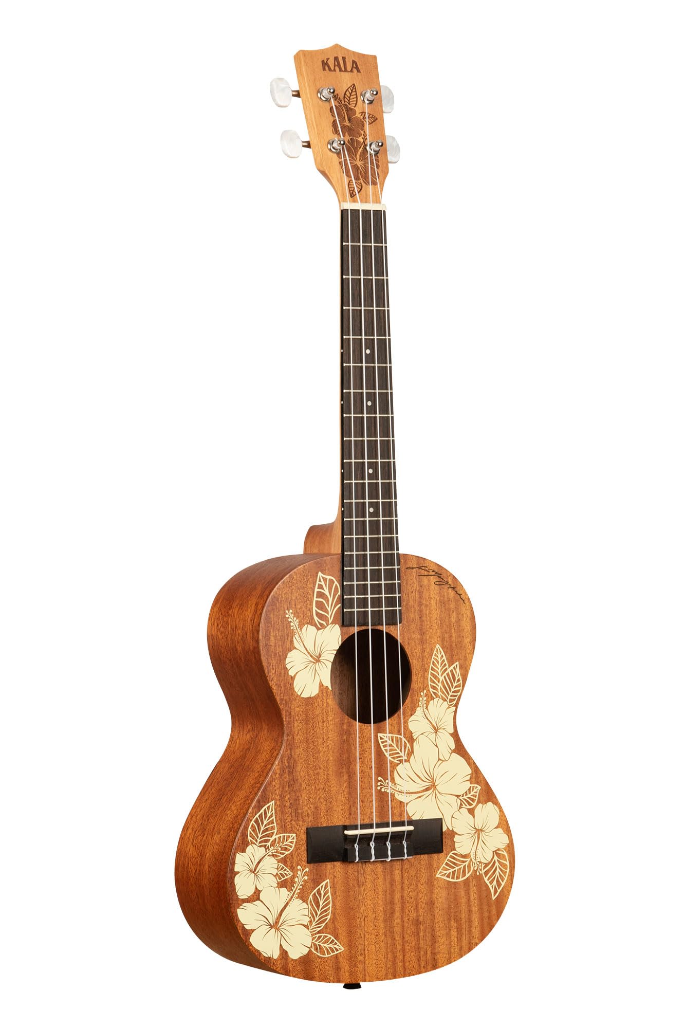 Kala Brand Music Co., 4-String Ukulele, Right, Stained Mahogany with Ivory Graphic, Tenor (KA-Hibiscus-T_W/Bag)