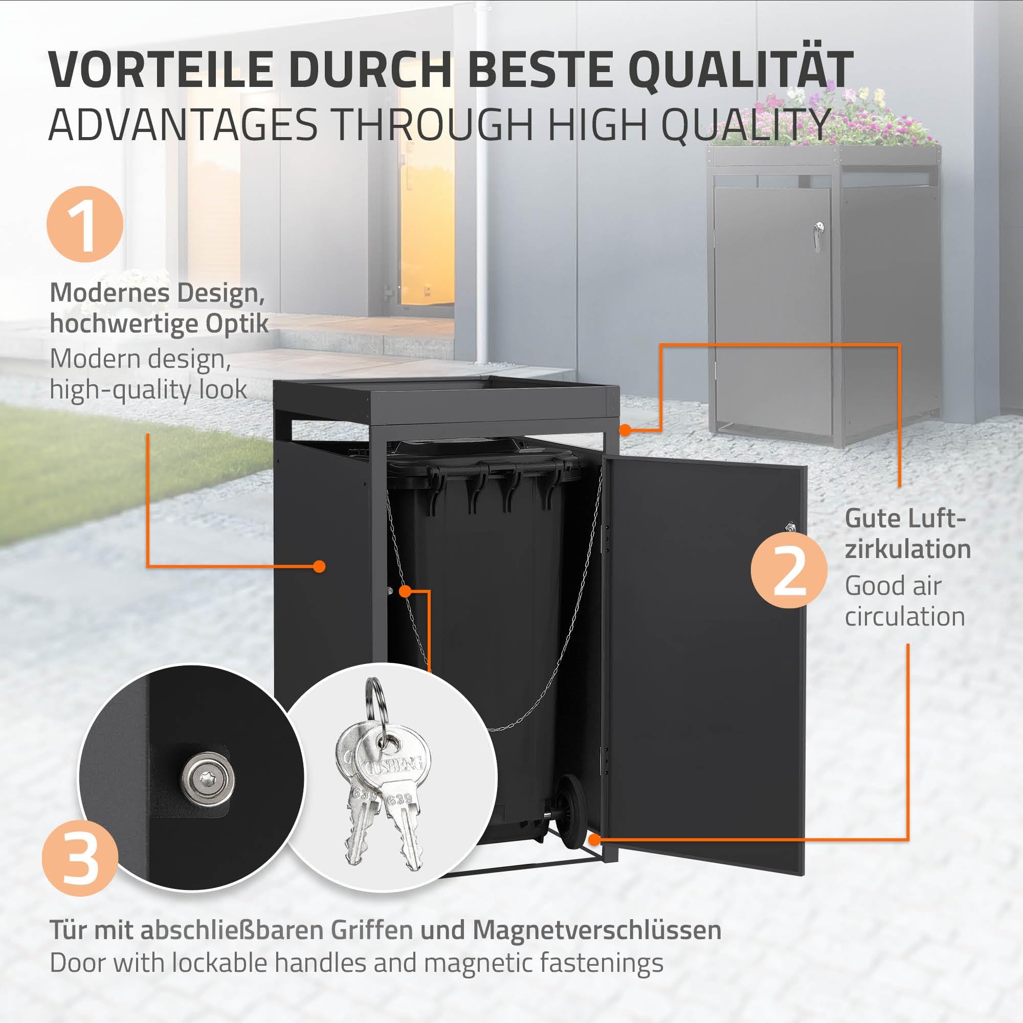 ML-Design Abri pour 1 Poubelle 240L, 68x80x124cm, en Acier, Anthracite, avec Porte à Poignées et 2 Clés, avec Jardinière, Conteneur Extérieur, Moderne, Résistant aux Intempéries, Habillage de Poubelle