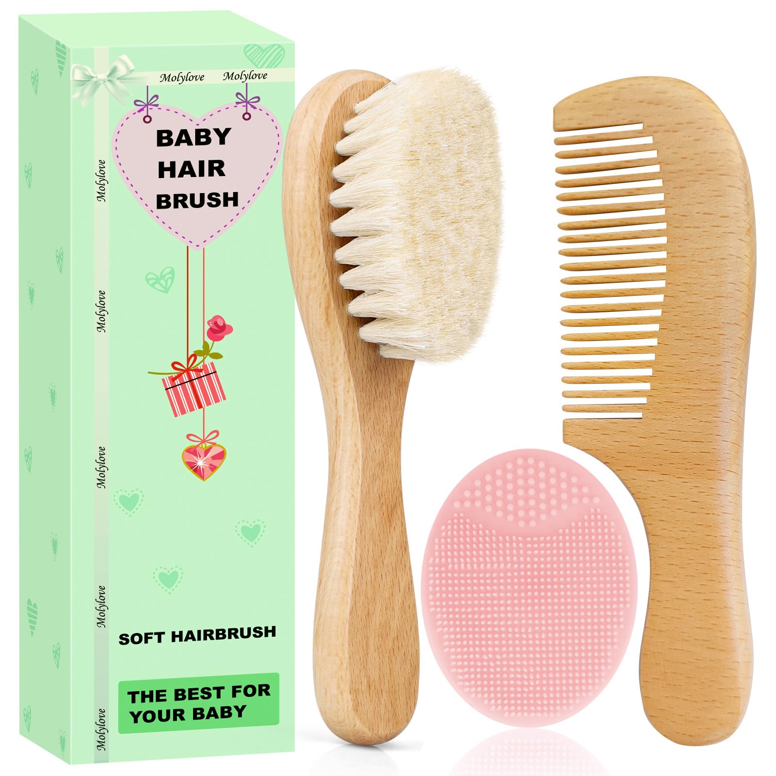 Molylove - Juego de 3 cepillos para el pelo de bebé con mango de madera y peine para recién nacidos y niños pequeños | Cerdas naturales suaves de cabra | Peine de madera | Cepillo de silicona rosa | Ideal para la costra láctea