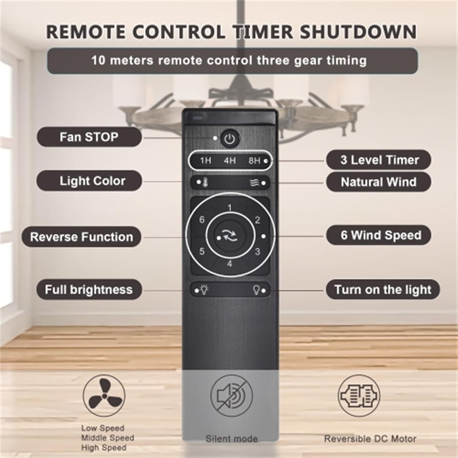 33-inch Diameter Ceiling Fan, Ceiling Fan Light, Ceiling Fan with Light, Lighting and Blowing, Suitable for Bedroom, Dining Room, Living Room, Kitchen, Matte Black + Wood Grain