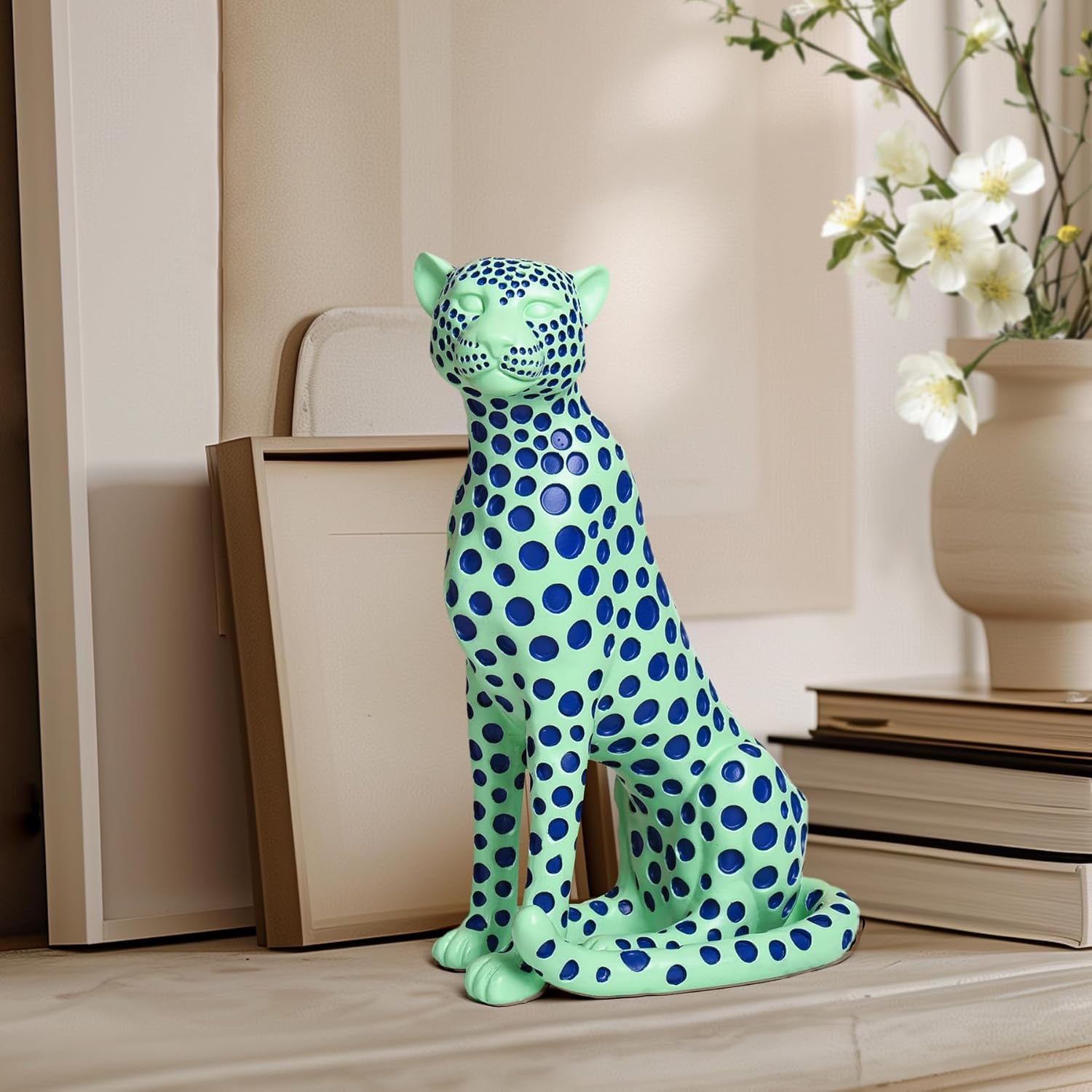 Quoowiit Statues for Home Decor, Modern Sculptures and Statues Decorations for Living Room, Bedroom, Table, Bookshelf, White Resin Leopard Art Decorative Sculpture with Black Polka Dots Design image 3