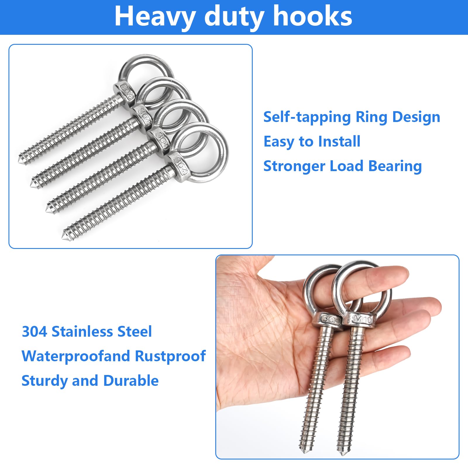 Tornillos grandes con ojal M10, 12 cm, acero inoxidable, tornillos de ojal para atornillar, perno de ojo para fijar soporte de hamaca, mecedora