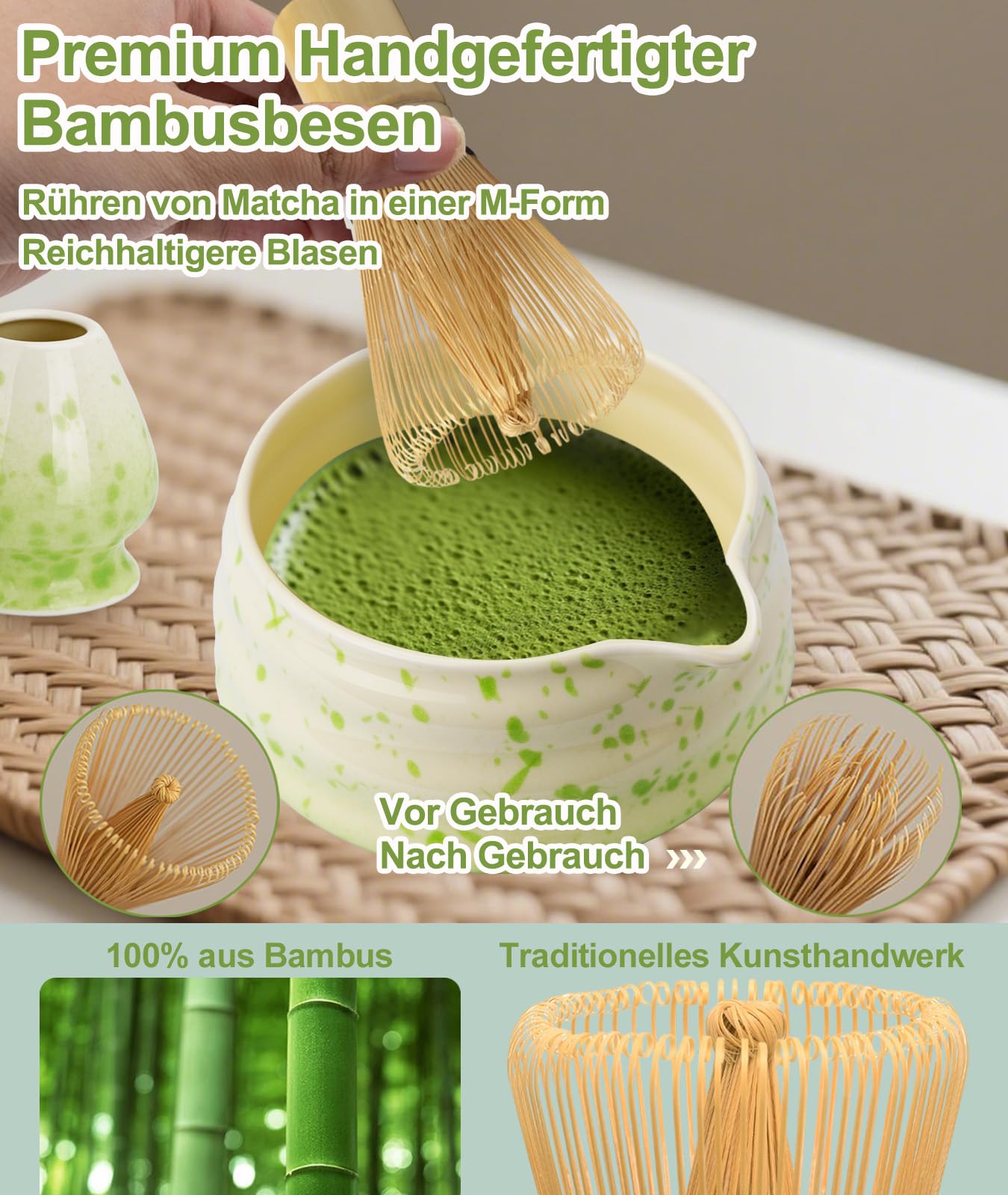 JBER Matcha Bezemset, set, bamboe bezem, schaal, zeef, lepel en houder, Japanse matcha-accessoires voor matchaliefhebbers, blauw