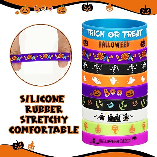 Miniatura 3 de Hiboom 100 pulseras de goma de Halloween a granel, regalos de fiesta de Halloween, regalos de dulce o truco, rellenos de bolsas de golosinas,