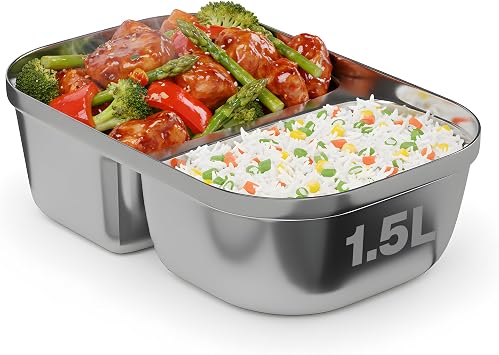 FORABEST Heated Lunch Box Replacement Tray - 1.5L Stainless Steel Inner Container with Dual Compartments for Electric Lunch Box - Microwave & Dishwasher Safe - Compatible with FORABEST YY-3166 Model