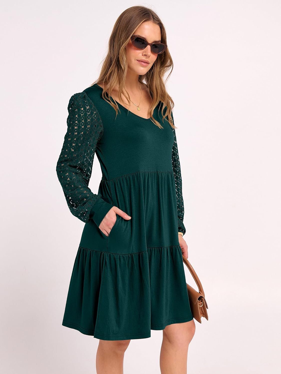 ANRABESS Dresses for Women Casual Lace Long Sleeve V Neck Tiered Swing Flowy Loose A-line Mini Short 2025 Fall Vacation Dress - Image 5