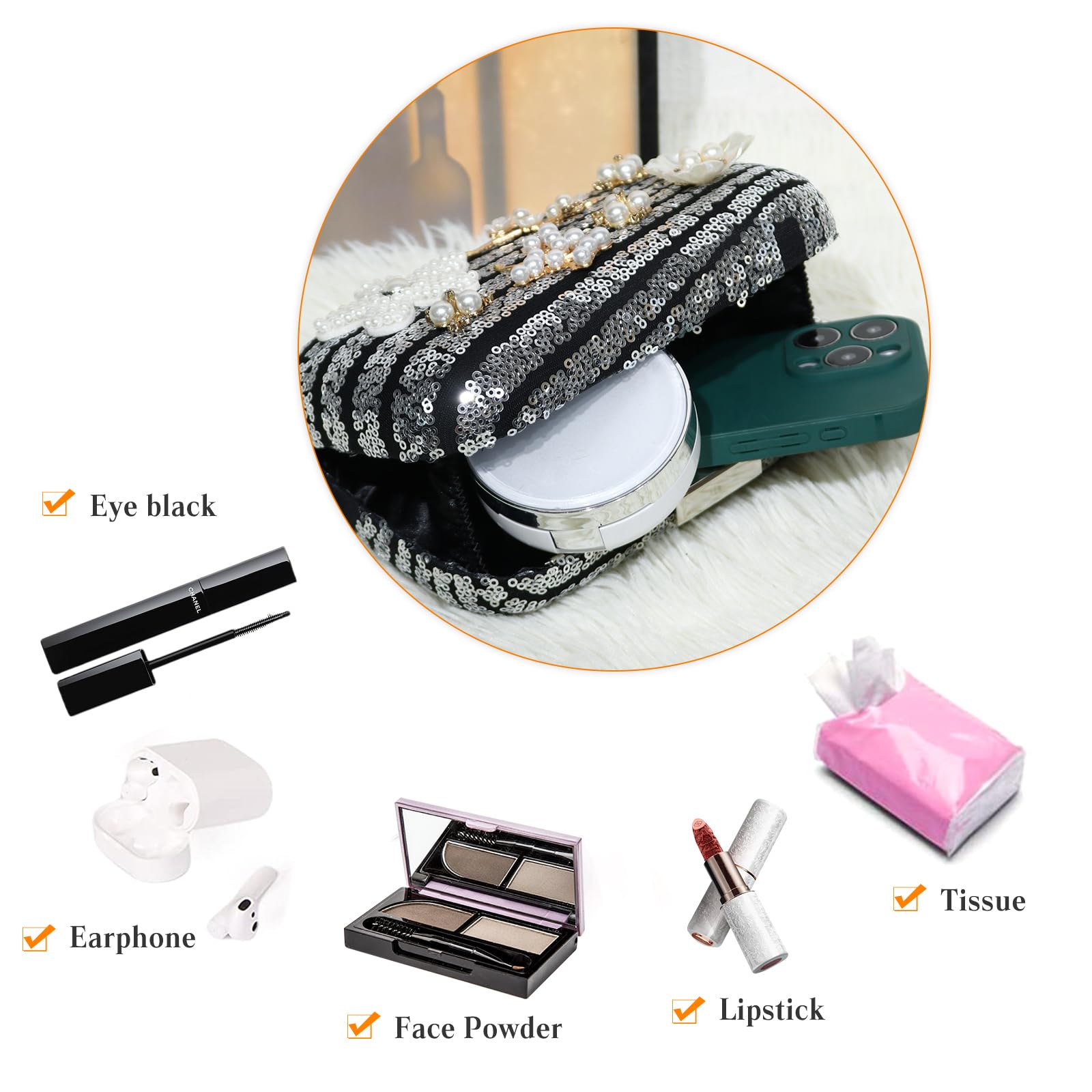 CORIOS Borsetta da Sera con Fiori Donna Clutch con Paillettes Elegante Perline Borsa a Spalla a Tracolla Pochette Piccolo con Catena Gorgeous Borsa Sposa per Cocktail Festa Ballo