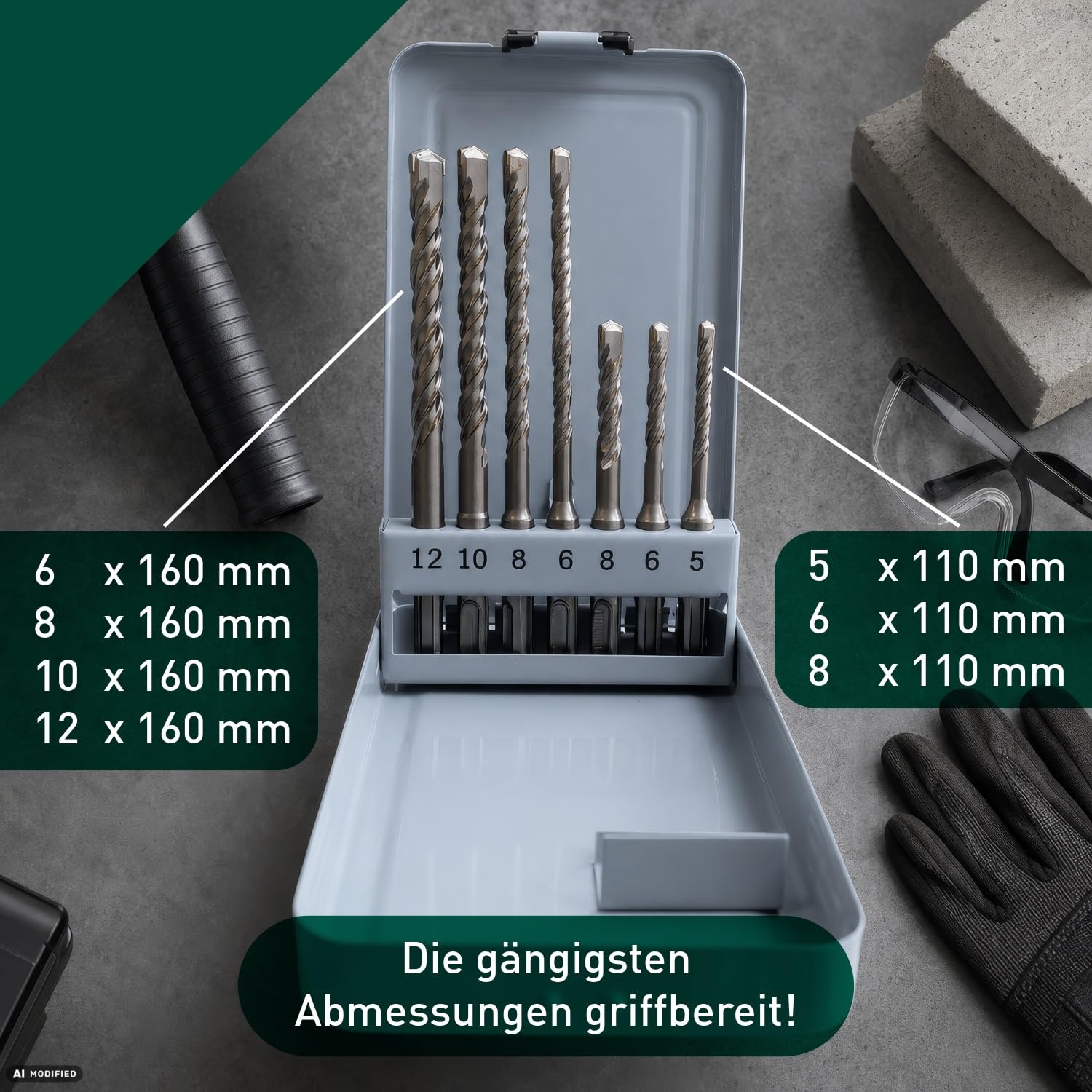 Twistdrill SDS-Plus Wiertło udarowe PRO zestaw 7-częściowy z 2 ostrzami 110-160 mm – wiertło do betonu do muru, cegły i kamienia wapienno-piaskowego – szybkie wiertło do kamienia z końcówką z twardego
