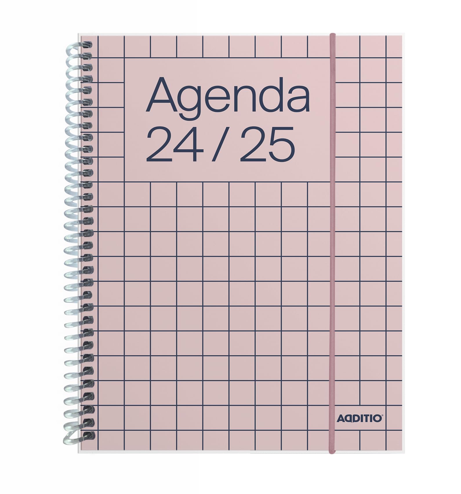 ADDITIO - Agenda escolar 2024-25 | Universal | Semana vista | De septiembre 2024 a julio 2025 | 12,5 x 17 cm | Cierre goma elástica | Porta-bolígrafos | Adhesivos | Español | Rosa pastel