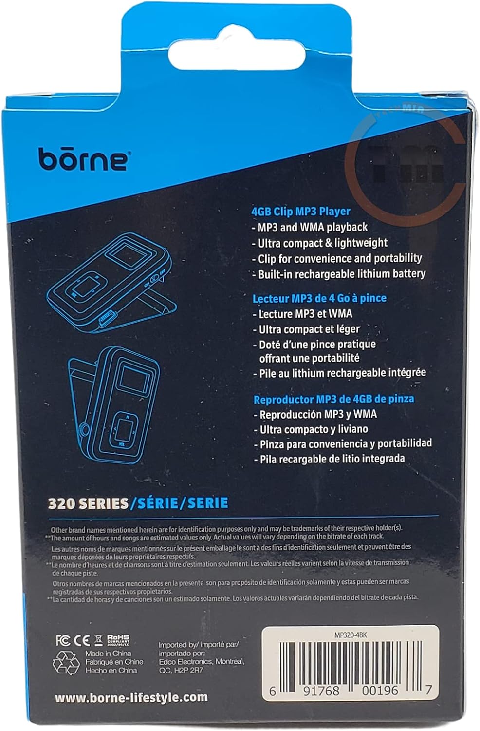 Back view of the Borne Pulse MP3 Player packaging, showing features and specifications.