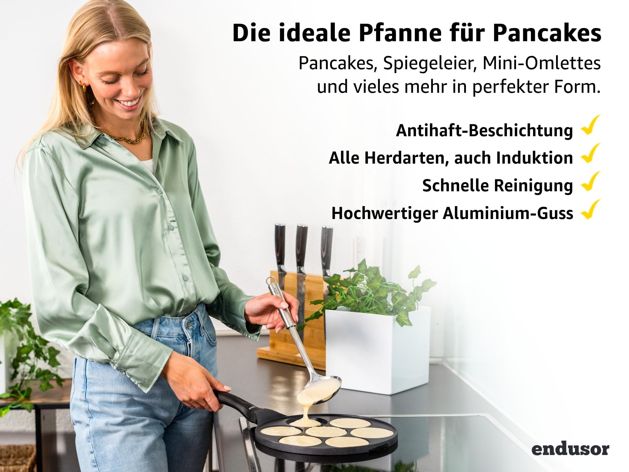 endusor Pancake Pfanne Induktion - Spiegeleipfanne Ø26cm mit 3-fach PowerShield-Beschichtung. Für alle Herdarten: Induktion Ceran Gas Elektro. Pfanne mit 4 Formen für Pancakes, Eier und Pfannkuchen