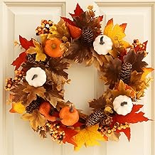 Autumn Wreath Front Door, 19.6inch/50cm Artificial Harvest Festival Wreath with Pumpkins, Pinecones and Maple Leaves Halloween Thanksgiving Decorations (Style A)