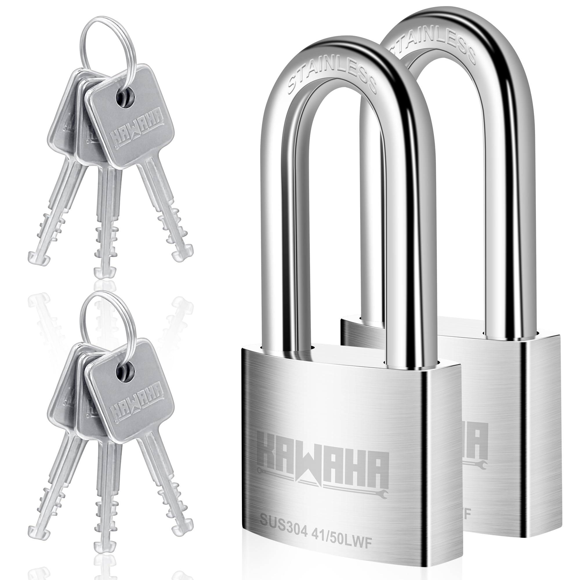 KAWAHA 41/50L-2PS 2 inch (50mm) Long Shackle High Security Stainless Steel Padlock with Stainless Steel Key for Both Indoor and Outdoor use (Heavy Duty