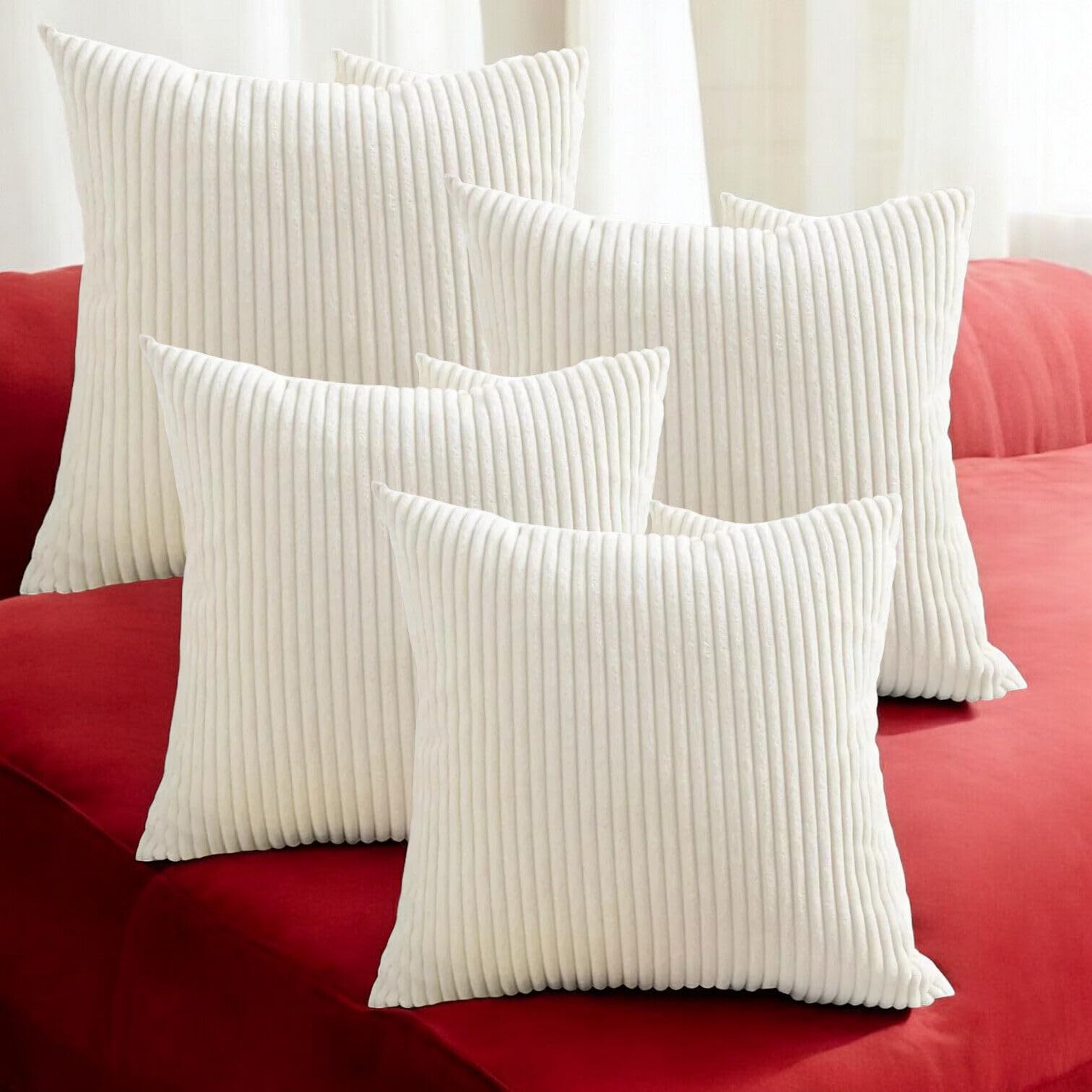Seechoo Corduroy Cushion Covers, Set of 4, 40 x 40 cm, Plain Soft Striped, Assorted Colours (Cream), 40 x 40 cm (Pack of 4)