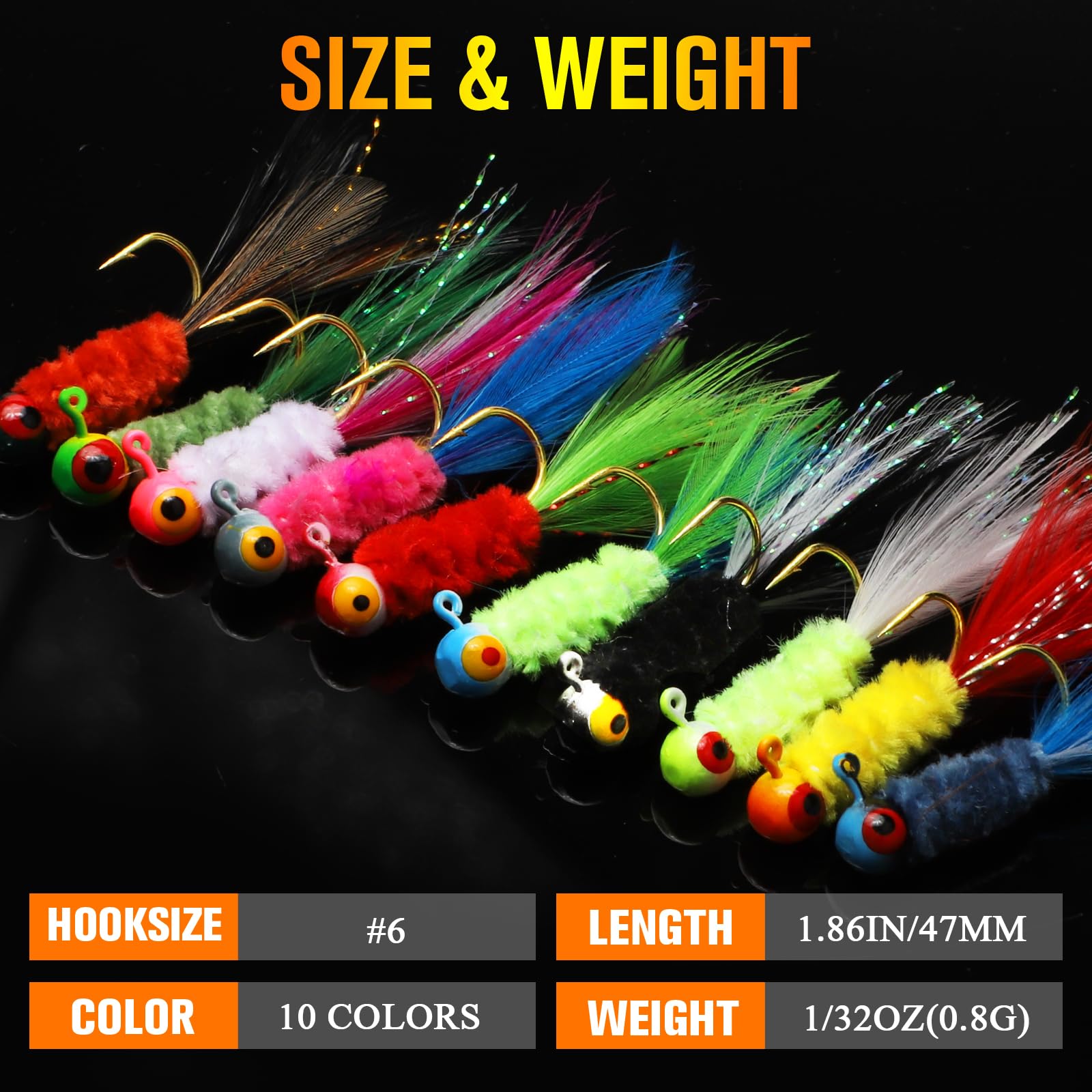 Dovesun Jigs de Pêche, Tête de Turlutte avec Plume Hand-Tied Leurres de Pêche 0.8g 1.75g 3.5g Leurres de pêche à la Mouche pour Panfish Sunfish Walleye