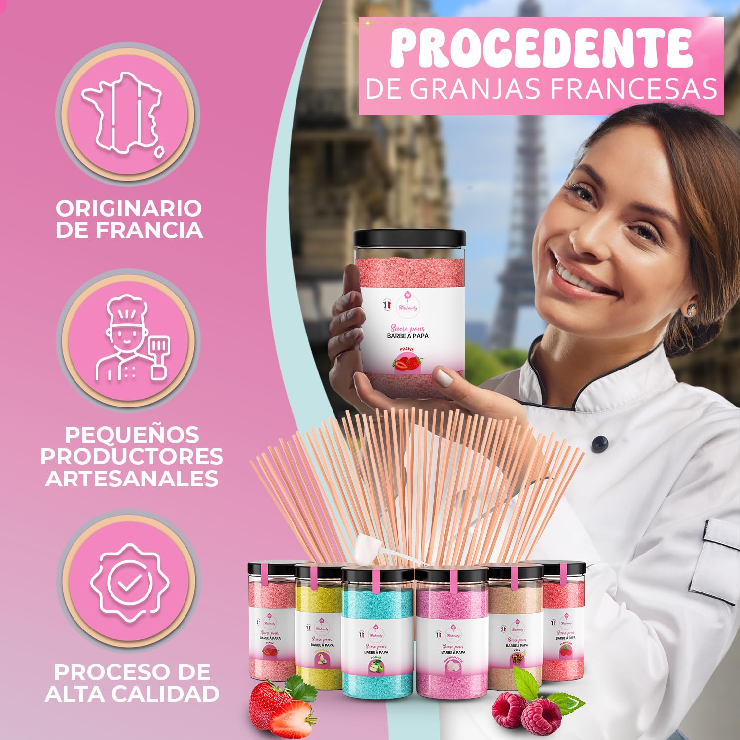 Misskandy,azucar para algodon de azucar/para máquina 1,8 kg (6 * 300g)/sabores: fresa, manzana, malvavisco, cola, frambuesa, piña colada, + 50 palos (30 cm) (ofrecido)