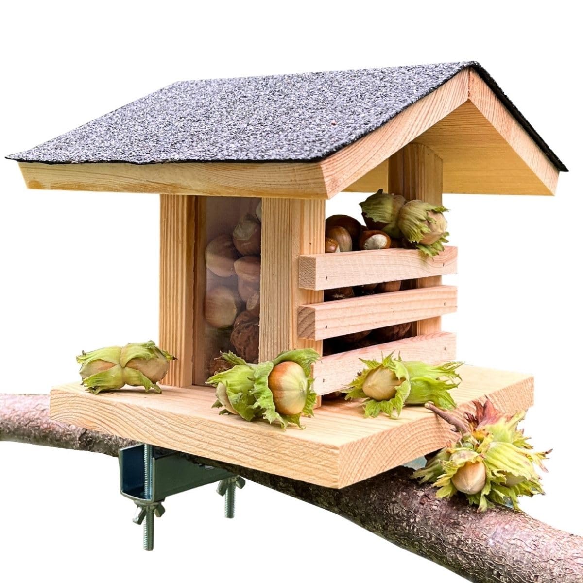 Eichhörnchen Futterhaus aus Holz für Balkon oder Baum wetterfestes Futterhaus für Eichhörnchen mit Haselnüssen und Eicheln stabiles Eichhörnchenhaus für Garten & Terrasse Made in EU (Satteldach)