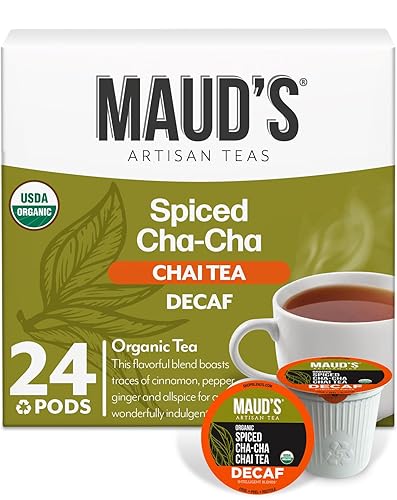 Maud's Cápsulas de té Chai descafeinado orgánico, 24 unidades, cápsulas de té reciclables de una sola porción - Hojas de té mezcladas 100% gourmet,