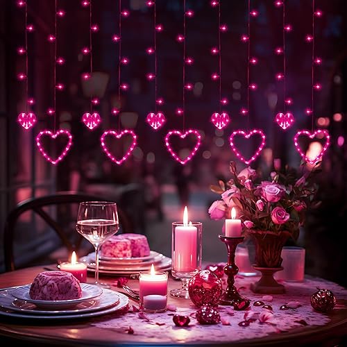 Miniatura 2 de Love - Cortina de luces de corazón para dormitorio, 12 corazones, 138 luces LED parpadeantes con control remoto, 8 modos de iluminación, luces de