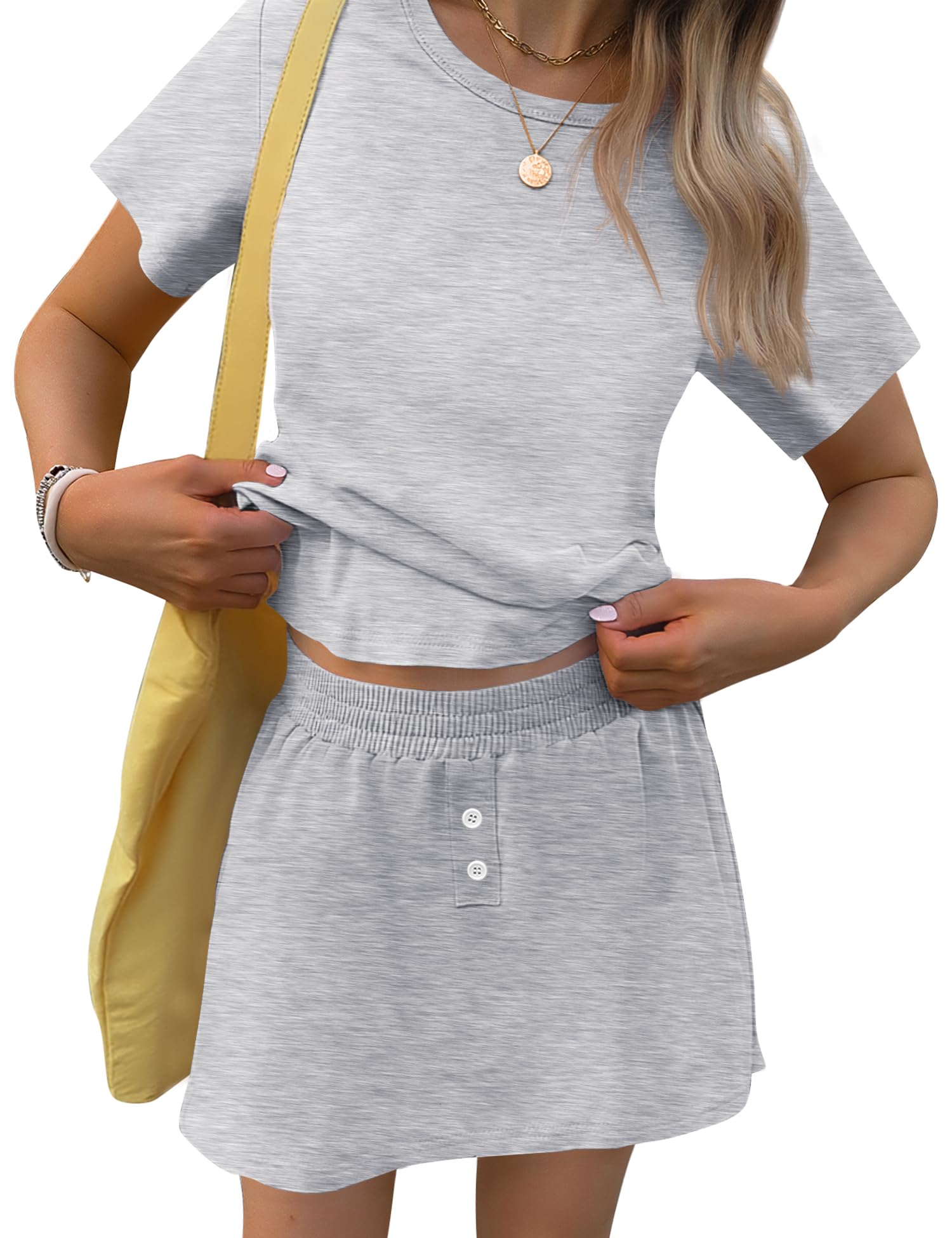 TCOT Pajamas for Women Set Summer Fashion Short Sleeve Crewneck Tops with Skirt Sets Pajama Casual Loungewear