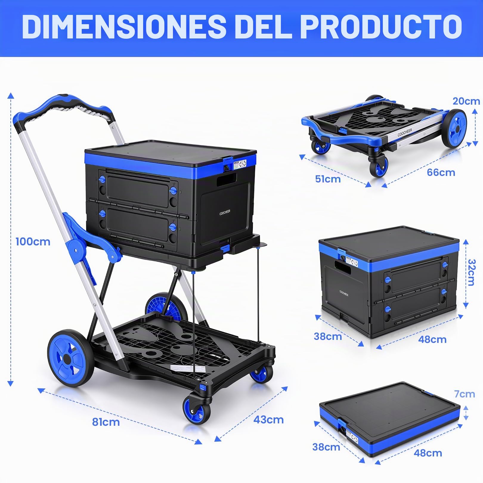 COOCHEER Carrito de la Compra Plegable de 90 kg, 2 Niveles, con Cesta Plegable, Plegable en 3 Segundos, asa Ajustable en Altura para supermercado, hogar, almacén y Viajes