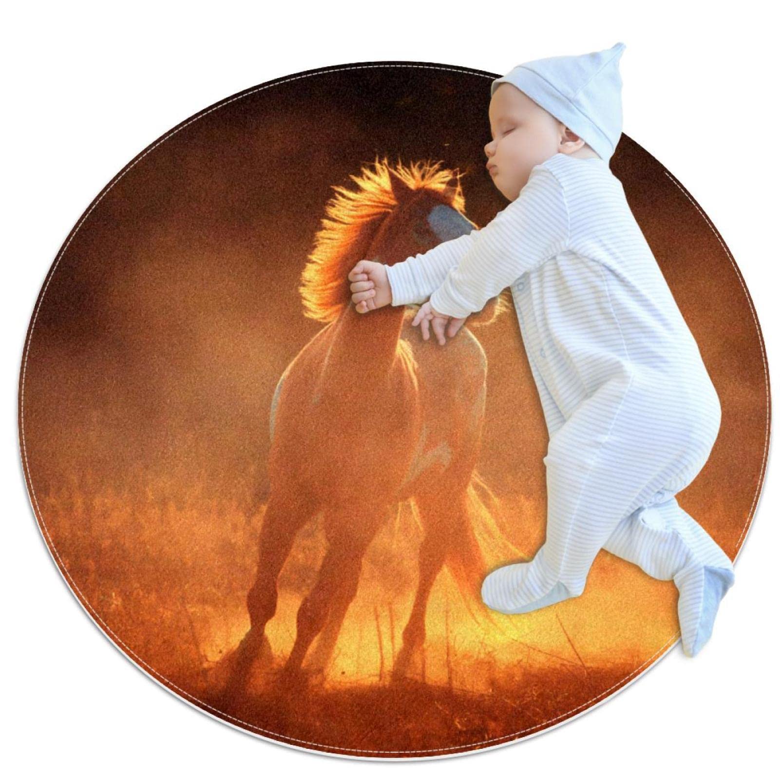 Tapis Rond Cheval JDEZ 100x100cm pour Chambre et Salon Effet Coucher de Soleil