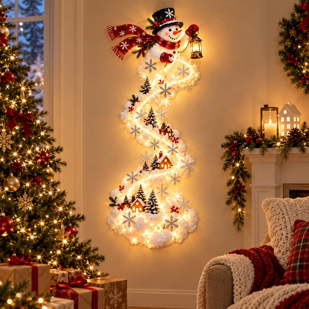 Christmas Ornaments, Christmas Magic Trail Wall Light Led Cascading Sparkling Snow Rustic with Snowman Santa Reindeer Lights Indoor Outdoor Doors Walls Mantel Decor Xmas Decorations