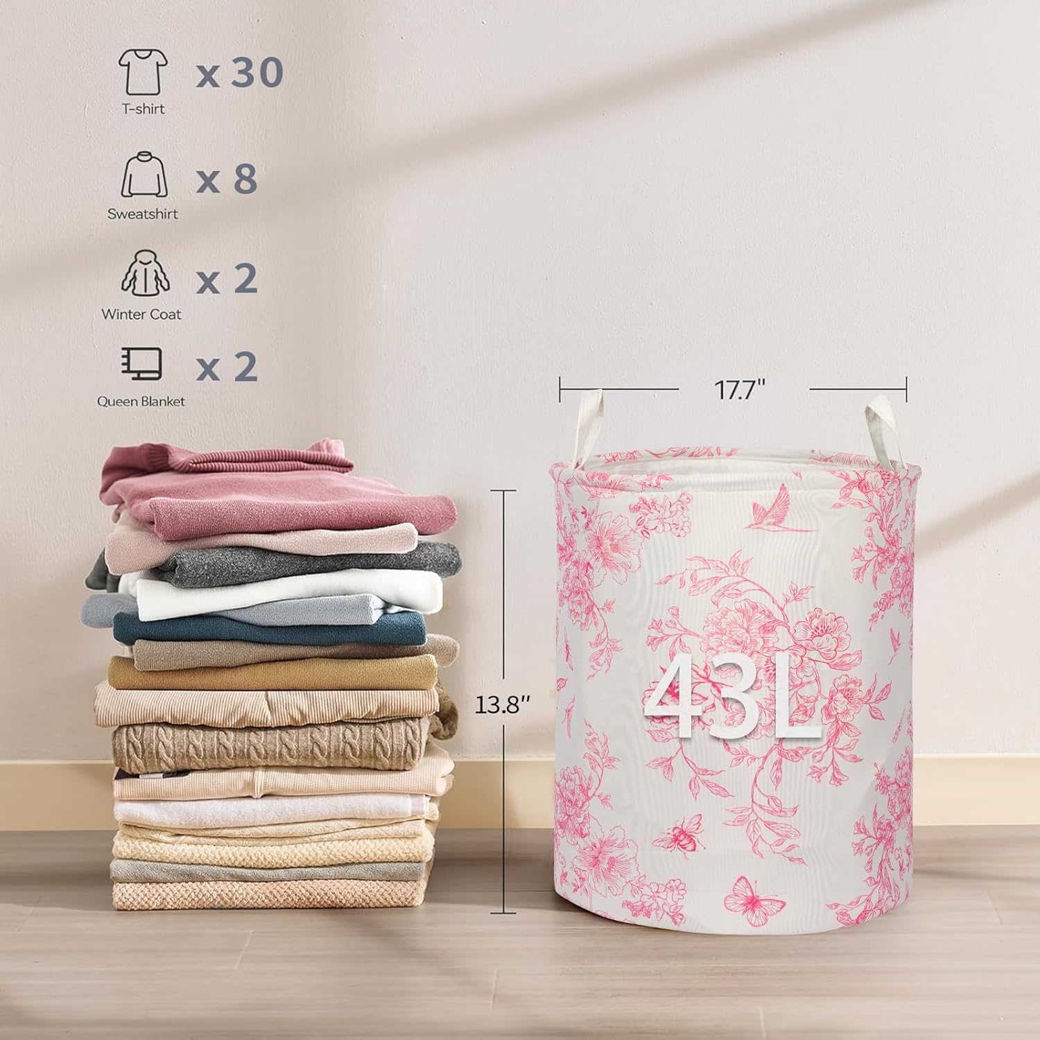 2Pcs Pink Bow Cute Girls Laundry Basket Floral Baby Nursery Hamper Adorable Room Decor Foldable Oxford Cloth Tote Clothes Storage Bucket Organizer For Bedroom Teen Girls Boy (Pink)