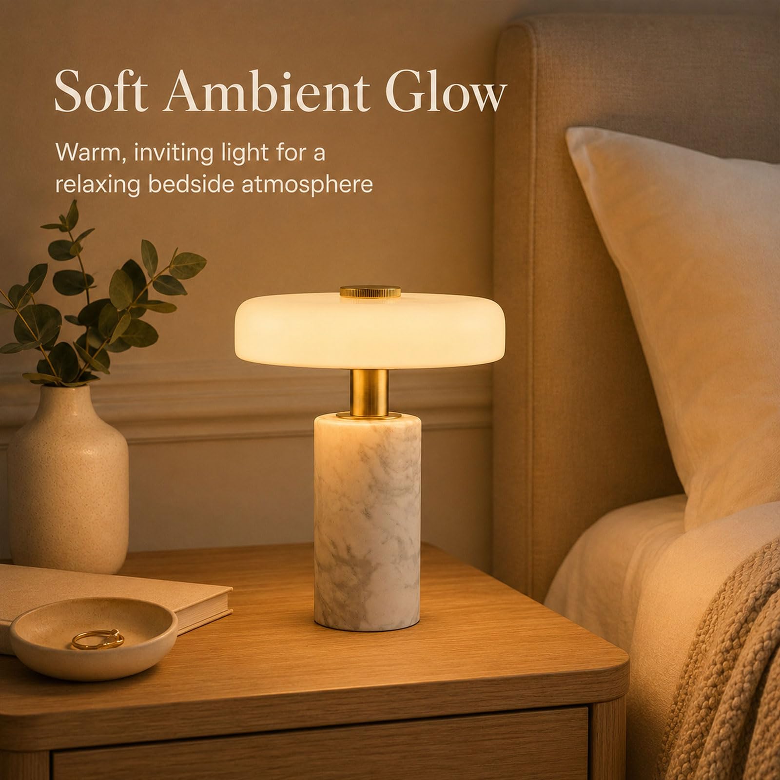 Lampe De Table En Marbre 23 CM, Verre Sans Fil Rechargeable, Lampe De Chevet LED À Intensité Réglable Par Effleurement, 3 Températures De Couleur, Veilleuse En Pierre Pour Chambre Et Salon