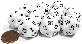 Set of 10 Twenty Sided 19mm D20 Opaque RPG Dice - White with Black Numbers Die