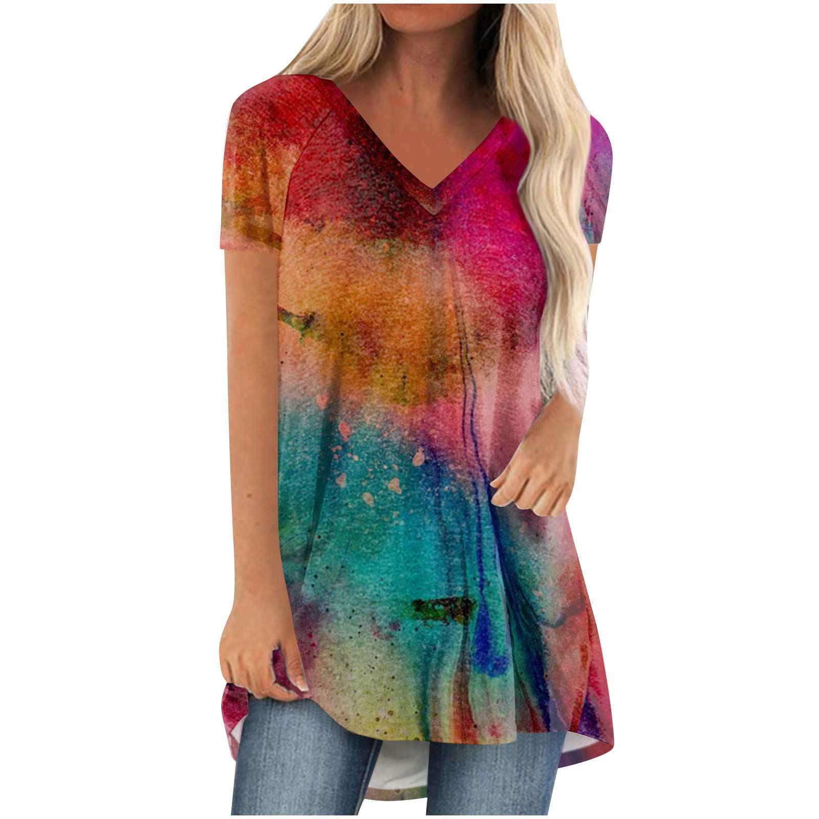 Masrin Jersey largo de gran tamaño para mujer, camiseta de manga corta, camiseta de verano, elegante, monocolor, talla grande, cuello en V, blusa larga, corte holgado, blusa, camisas, tallas grandes, suéter