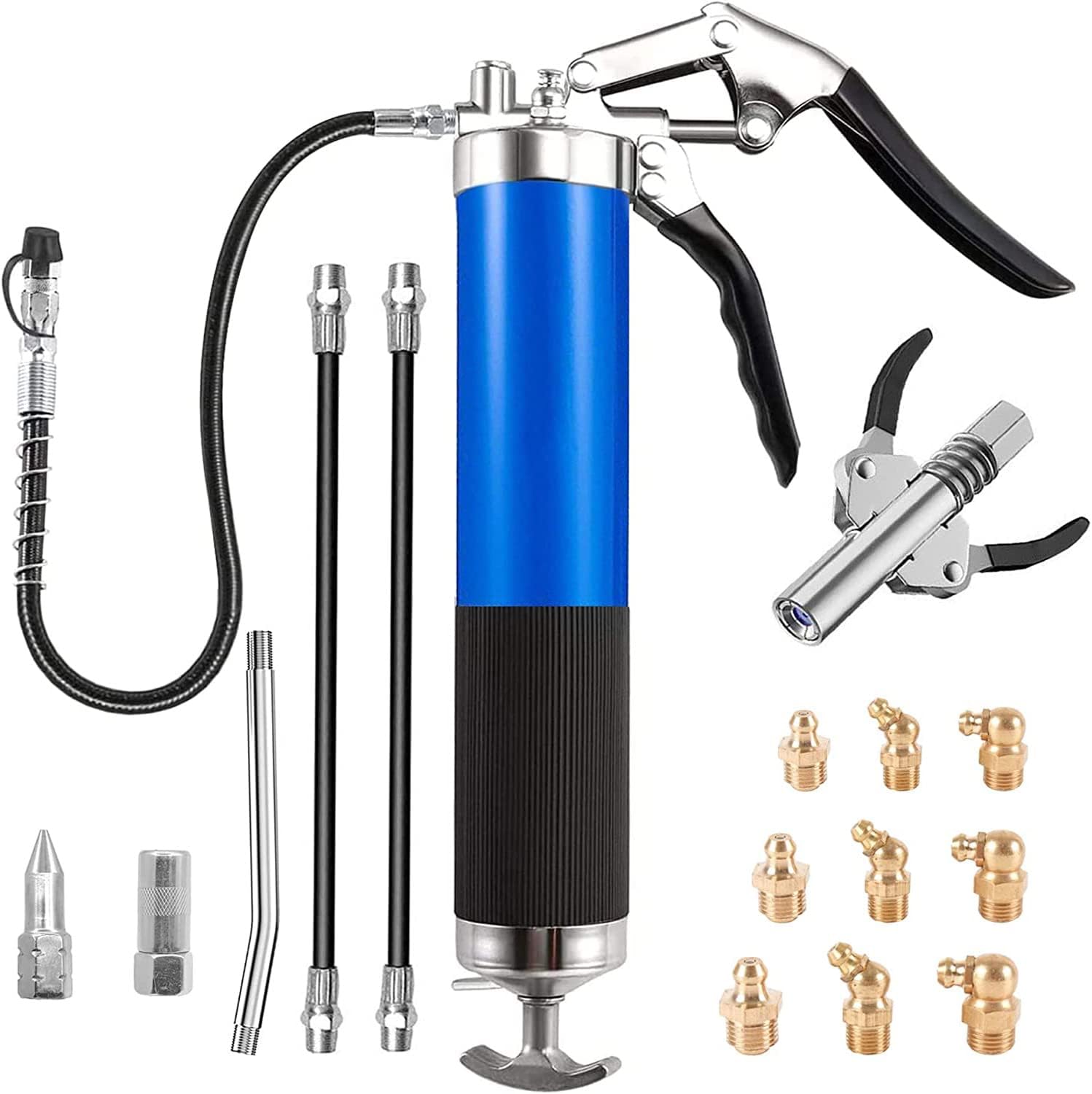 KEWAYO 7000 PSI Manual Lubrication Gun with 1 Extension Tube, Flexible Hose with 3 Pieces and 9 Pieces Brass Nozzle