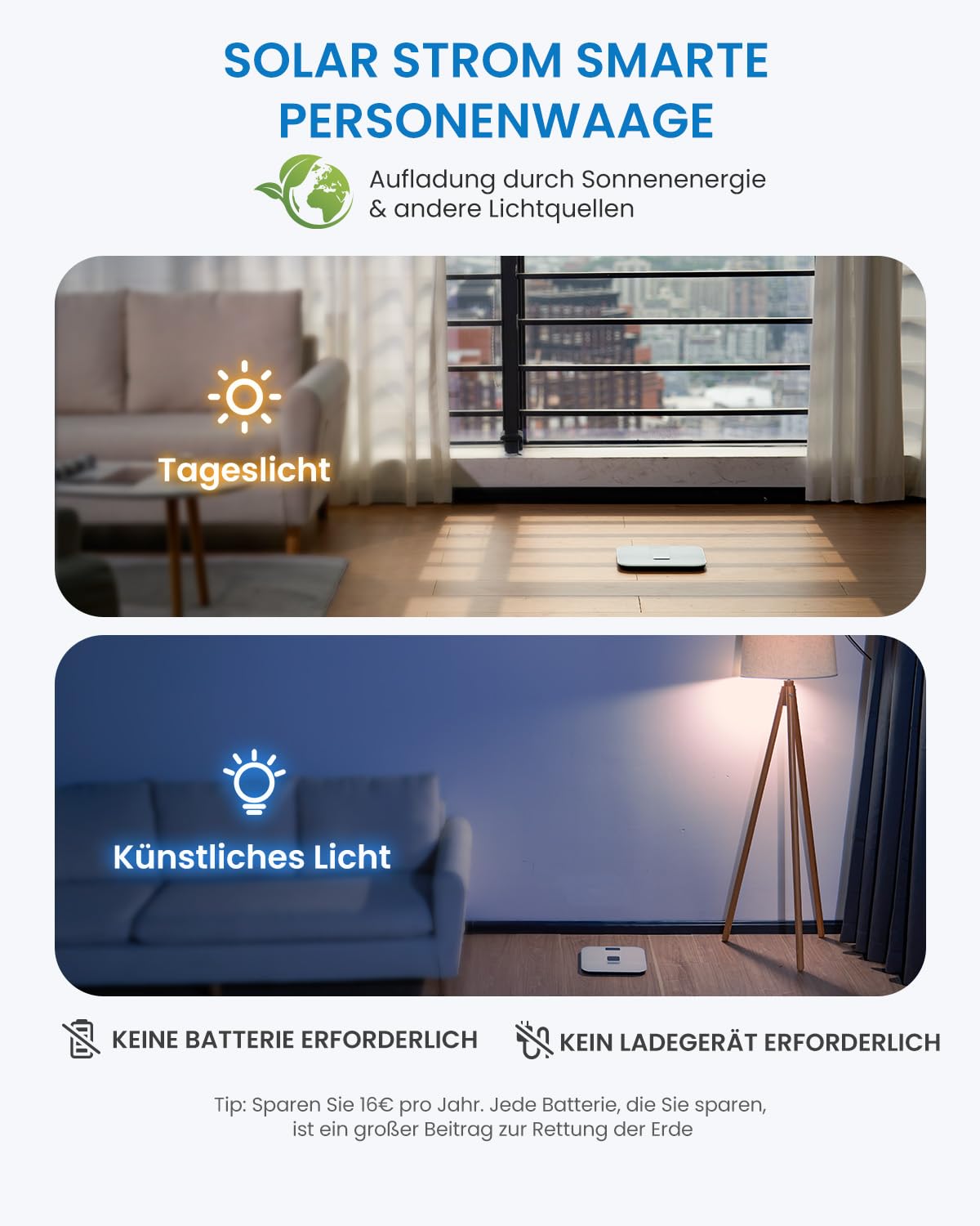 RENPHO Elis Solar 2 Smart Körperwaage – Solarbetriebenes Körperanalysegerät mit WiFi & Bluetooth, 13 Messwerte, App-Integration für Fitness & Gesundheitsmanagement