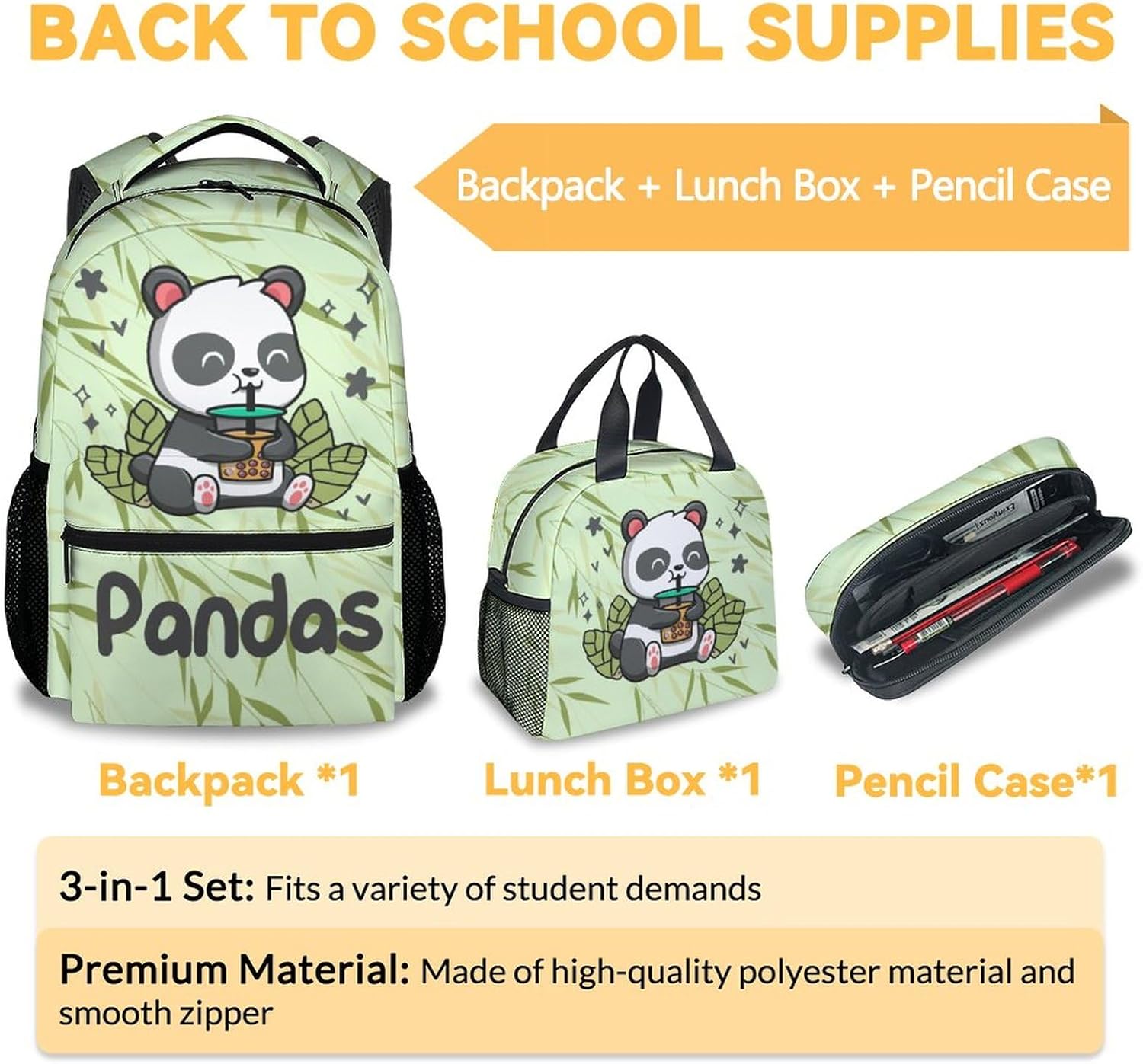 Panda Backpack with Lunch Box And Pencil Case, 16 Inch Panda Theme Bookbag with Adjustable Straps, Durable, Lightweight, Large Capacity, School Backpack for Girls Women - Image 3