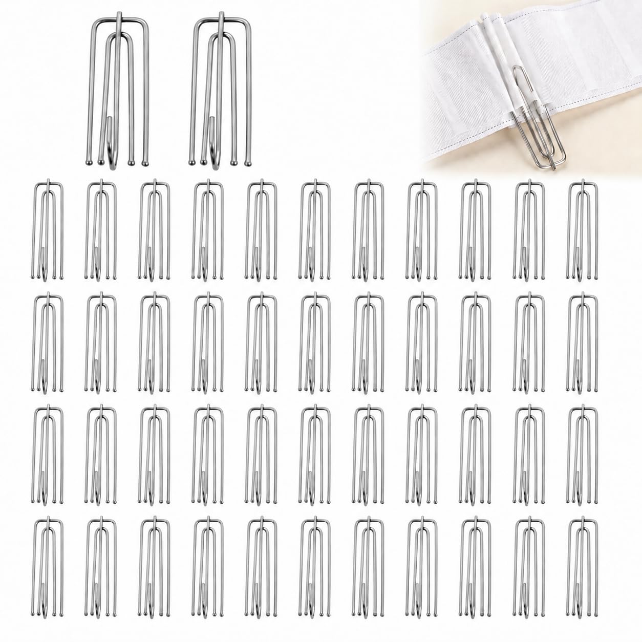 Poweka Silver 50Pcs Metal Curtain Hooks For Pinch Pleat Curtains, Heavy Duty 4 Prongs Hooks By Deep Prong Hooks For Curtain Header Tape, Pleated Curtains, Window Drapes